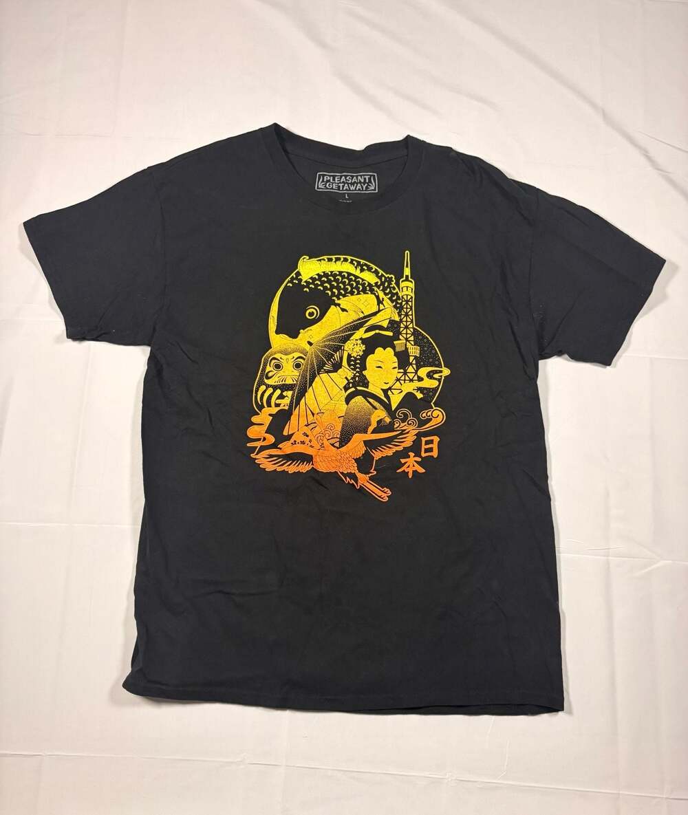 Pleasant Getaway Japanese Graphic T-Shirt Koi Daruma Geisha Black Large